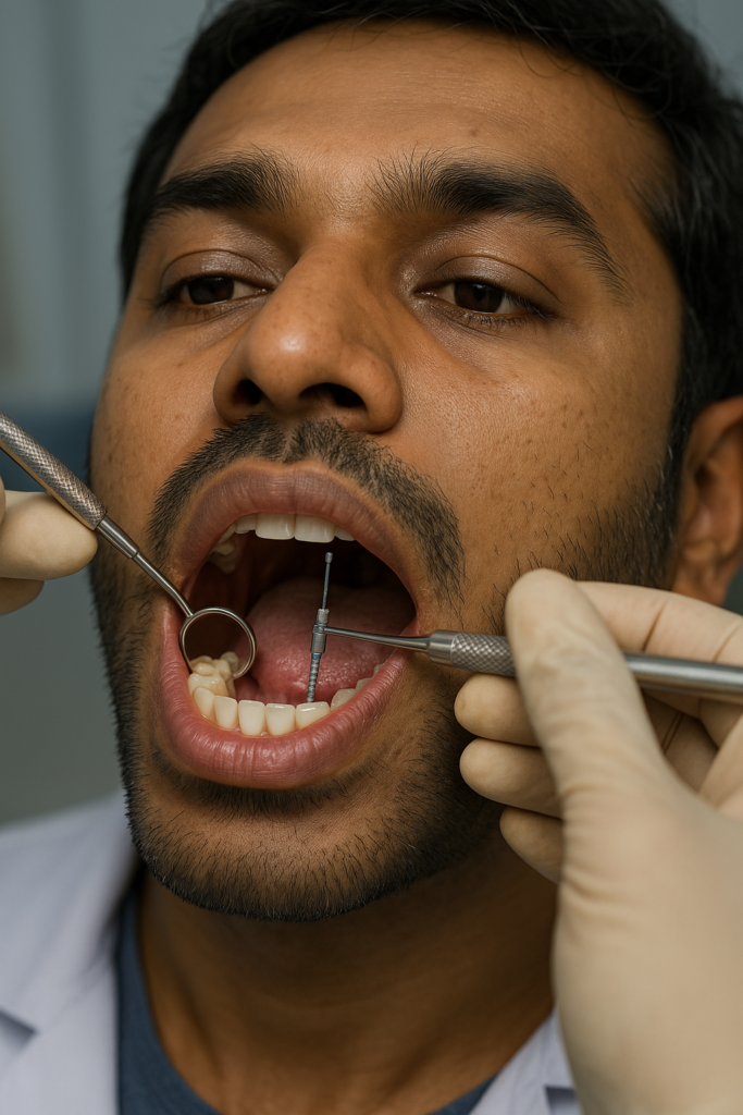 patient's mouth during an endodontic (root canal) procedure in dental cliniic in west mambalam, with dental instruments and anatomical structures clearly visible.