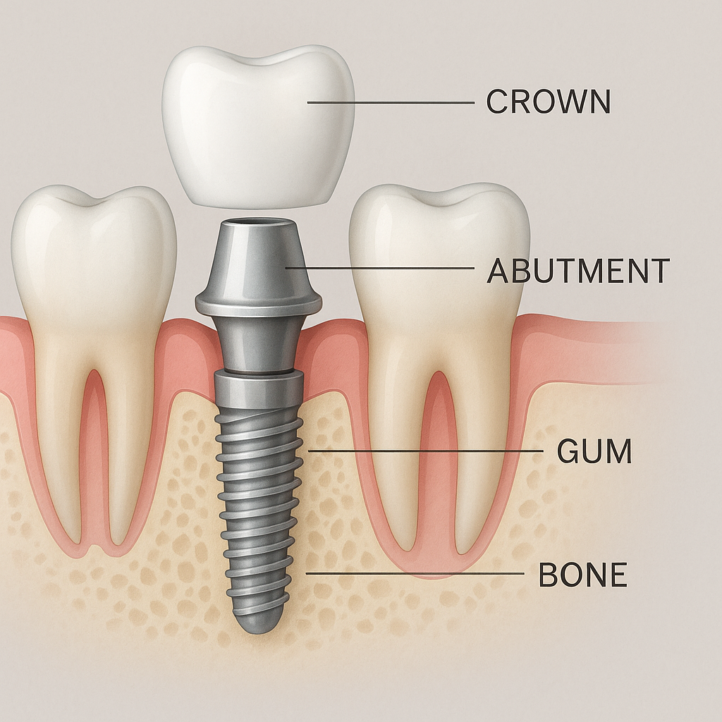  a cross-sectional view of a human jaw with a dental implant embedded in the bone, highlighting the implant screw, abutment, and crown in realistic detail.